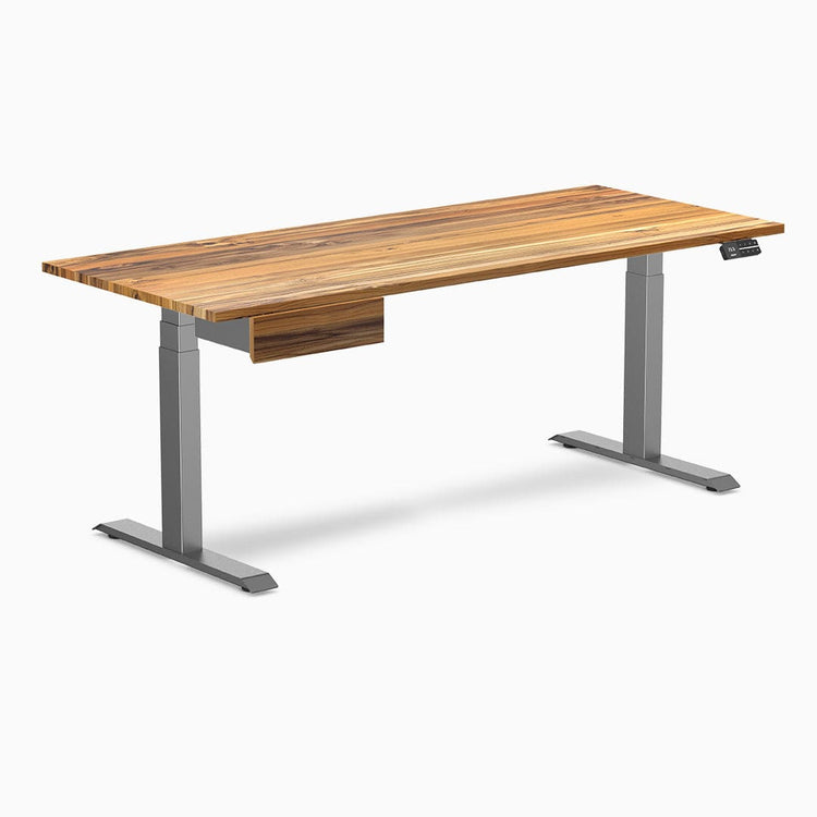 Dual hardwood bundle standing desk with drawer in teak space grey legs