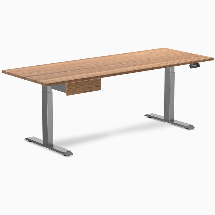 Dual hardwood bundle standing desk with drawer in red oak space grey legs