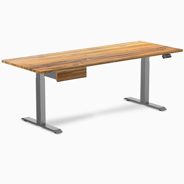 Dual hardwood bundle standing desk with drawer in teak space grey legs