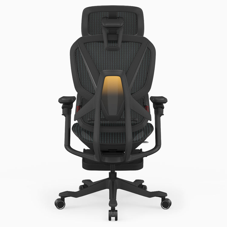 A black ergonomic office chair with a mesh back, adjustable armrests, and a five-star wheeled base, shown from the front on a light gray background.