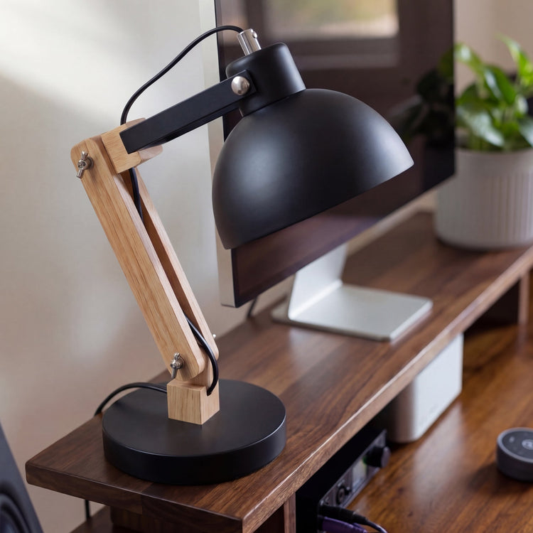 Desky Axis wooden plug in lamp in black on desk