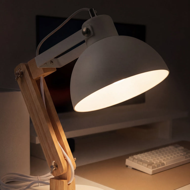 Desky Axis wooden lamp in white at night on desk