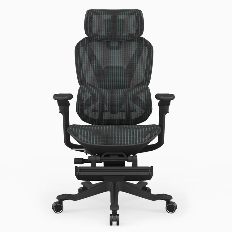 A black ergonomic office chair with a mesh back, adjustable armrests, a padded seat, and a five-wheel base, shown against a plain white background.