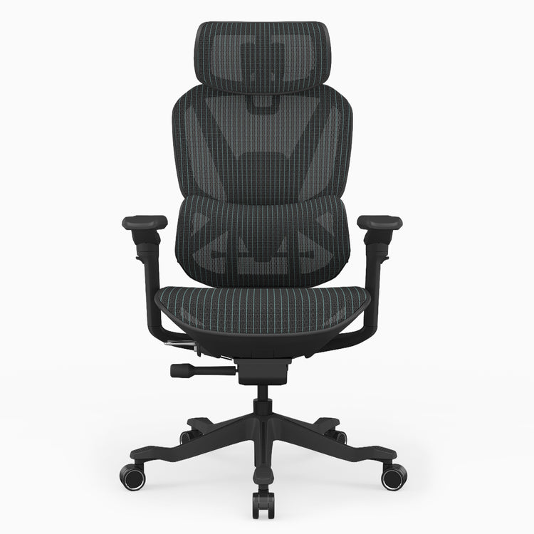 A black ergonomic office chair with a high mesh back, adjustable armrests, and a five-star wheeled base, shown against a plain white background.
