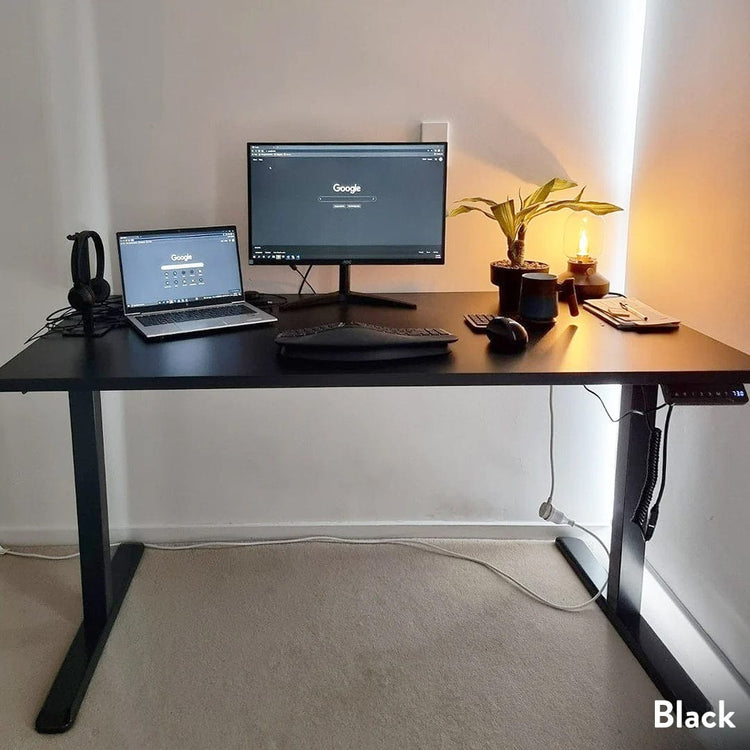 Single sit stand desk in black wfh setup