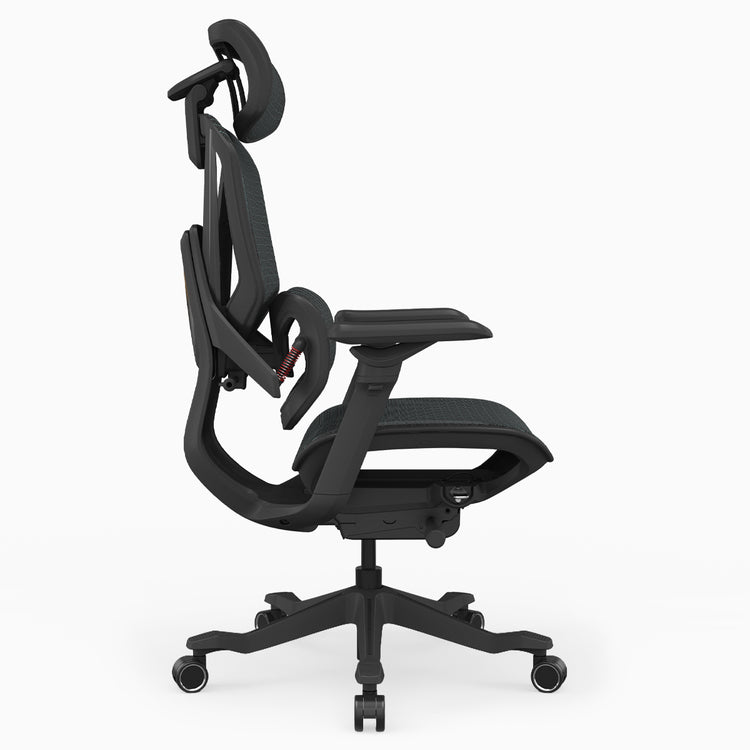 A black ergonomic office chair with a headrest, adjustable armrests, and a five-wheel base, shown from a side profile view on a light gray background.