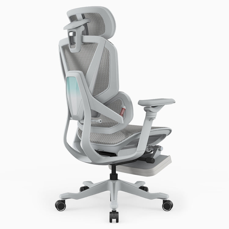 A light gray ergonomic office chair with a mesh back, adjustable armrests, a headrest, and a five-wheel base, shown on a plain white background.