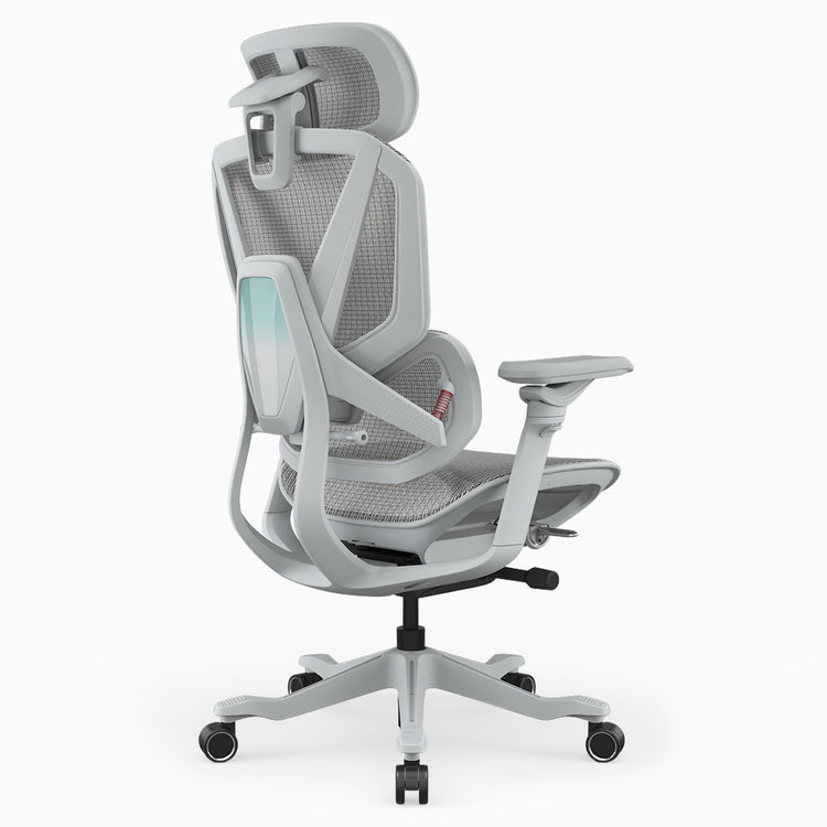 A light gray ergonomic office chair with a mesh back, adjustable armrests, and a five-star wheeled base, shown from a three-quarters angle on a white background.