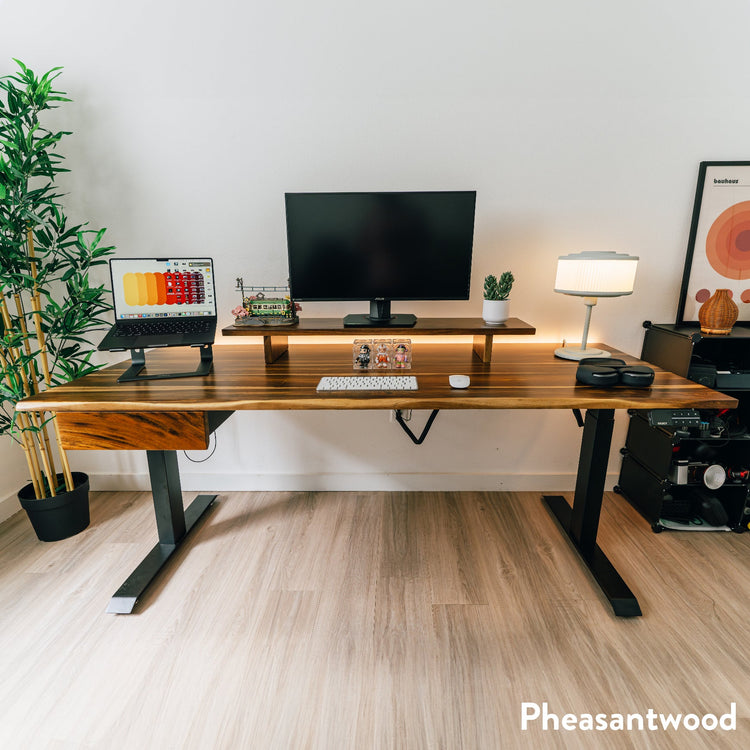 Desky Dual Hardwood Standing Desk With Drawer-Hardwood Dual Desk-Desky-Pheasantwood-1500x750mm-Matte Black-Desky® Australia