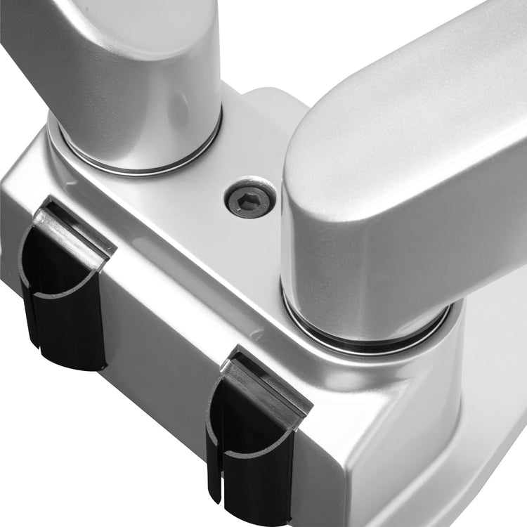 ergonomic adjustable dual monitor arm in silver
