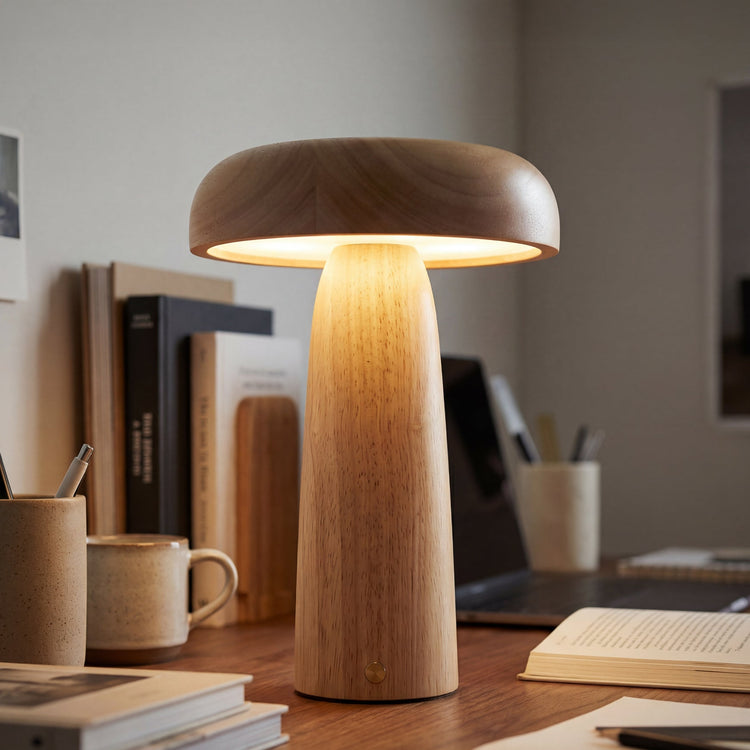 Desky mushroom wooden desk lamp on top of desk