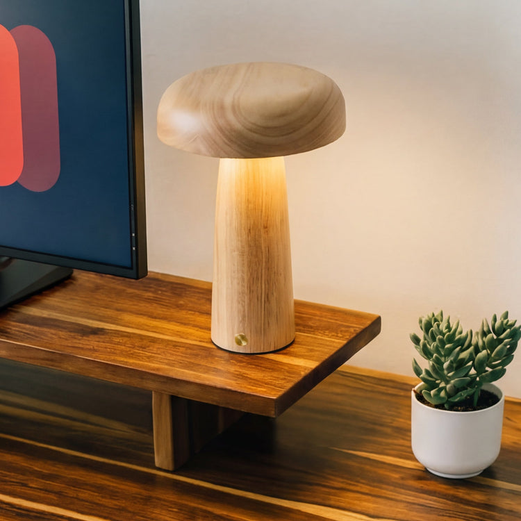 Mushroom wooden desk lamp on desk