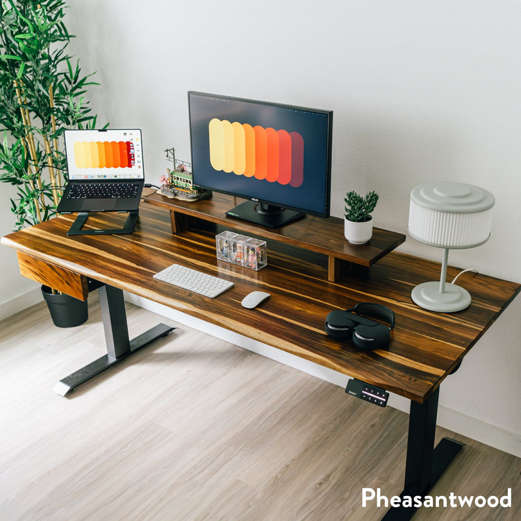 Desky Dual Hardwood Standing Desk With Drawer-Hardwood Dual Desk-Desky-Pheasantwood-1500x750mm-Matte Black-Desky® Australia