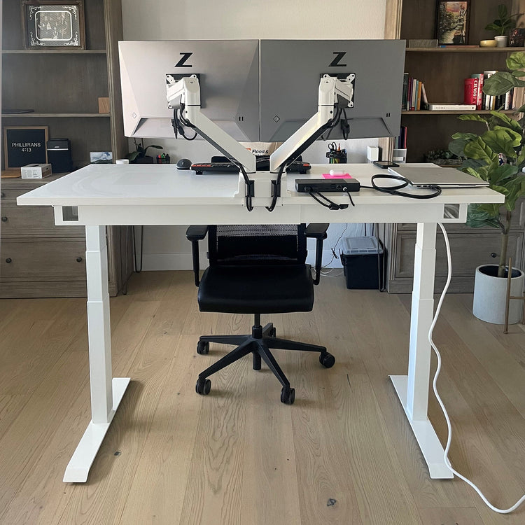 Desky white standing desk with integrated cable channel in white