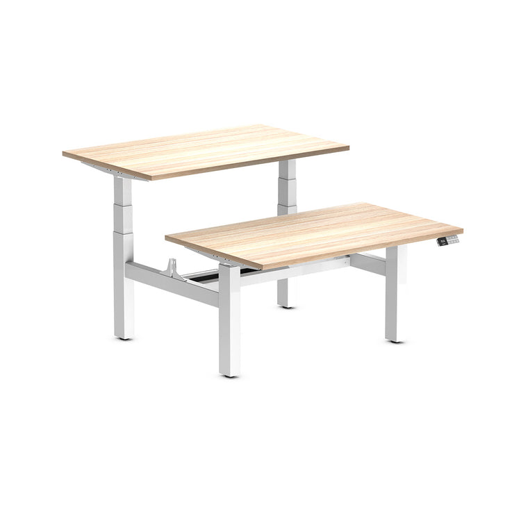 back to back sit stand workstation classic oak desk top white legs