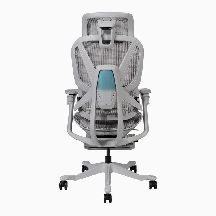 A modern gray mesh ergonomic office chair with a light gray frame, adjustable armrests, and a black five-star wheeled base