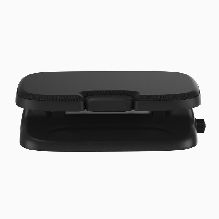 A black ergonomic foot rest with small side adjustment knob, shown on a plain white background.