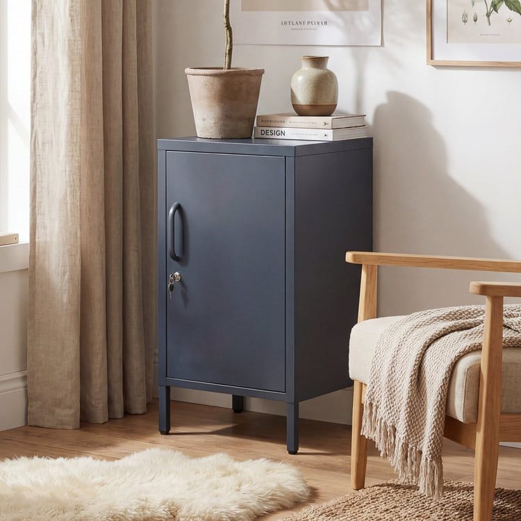 Sidekick metal locker in dark grey in living room