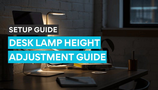 A work from home ofiice desk with a desk lamp in use