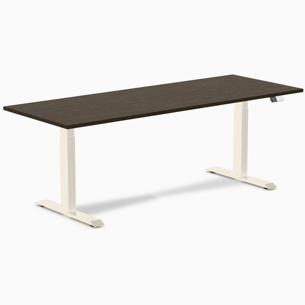 Desky Dual Bamboo Sit Stand Desk, Dark Bamboo desktop, Wheat frame
