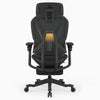 A black ergonomic office chair with a mesh back, adjustable armrests, and a five-star wheeled base, shown from the front on a light gray background.
