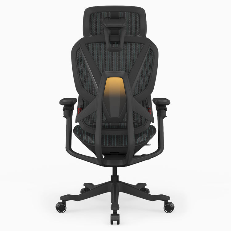 A black ergonomic office chair with a mesh back, adjustable armrests, and a five-star wheeled base, shown from the front on a light gray background.