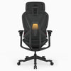 A black ergonomic office chair with a mesh back, adjustable armrests, and a five-star wheeled base, shown from the front on a light gray background.