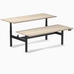 Desky Back to Back Round Leg Melamine Sit Stand Workstation, Classic Oak desktop, Matte Black frame