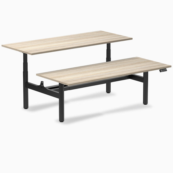 Desky Back to Back Round Leg Melamine Sit Stand Workstation, Classic Oak desktop, Matte Black frame