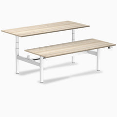 Desky Back to Back Round Leg Melamine Sit Stand Workstation, Classic Oak desktop, White frame