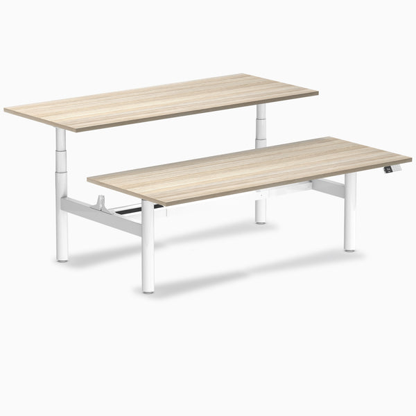 Desky Back to Back Round Leg Melamine Sit Stand Workstation, Classic Oak desktop, White frame