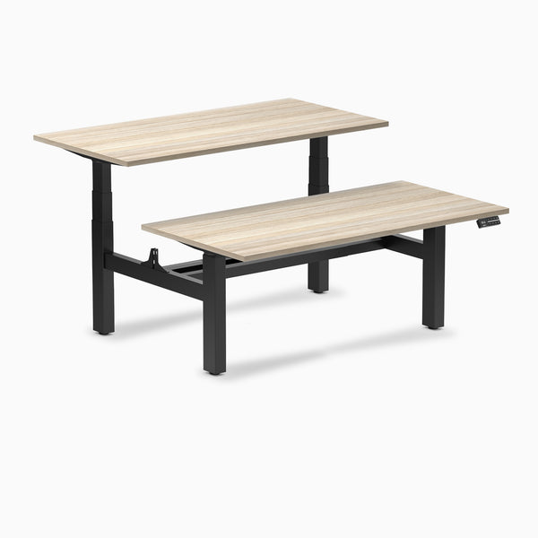 Desky Back to Back Melamine Sit Stand Workstation, Classic Oak desktop, Matte Black frame