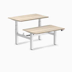 Desky Back to Back Melamine Sit Stand Workstation, Classic Oak desktop, White frame