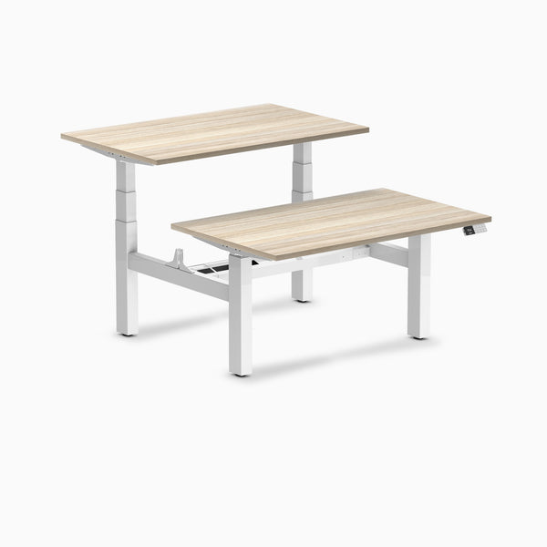 Desky Back to Back Melamine Sit Stand Workstation, Classic Oak desktop, White frame