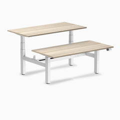 Desky Back to Back Melamine Sit Stand Workstation, Classic Oak desktop, White frame