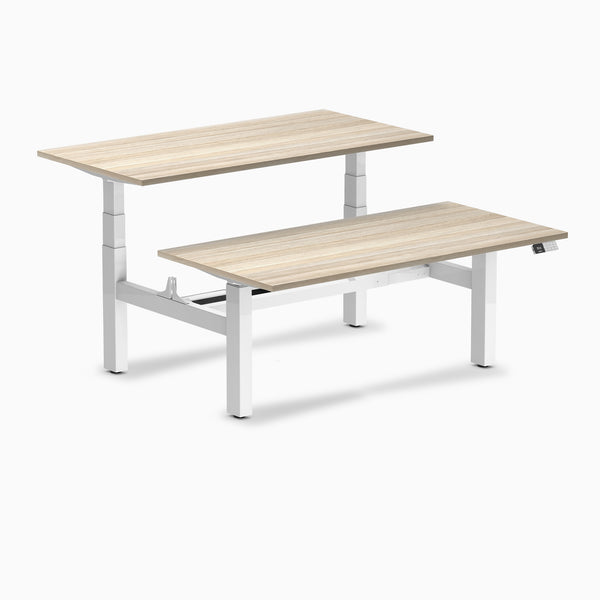 Desky Back to Back Melamine Sit Stand Workstation, Classic Oak desktop, White frame