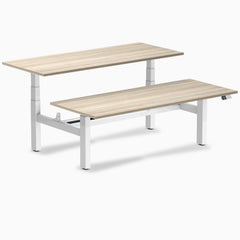 Desky Back to Back Melamine Sit Stand Workstation, Classic Oak desktop, White frame