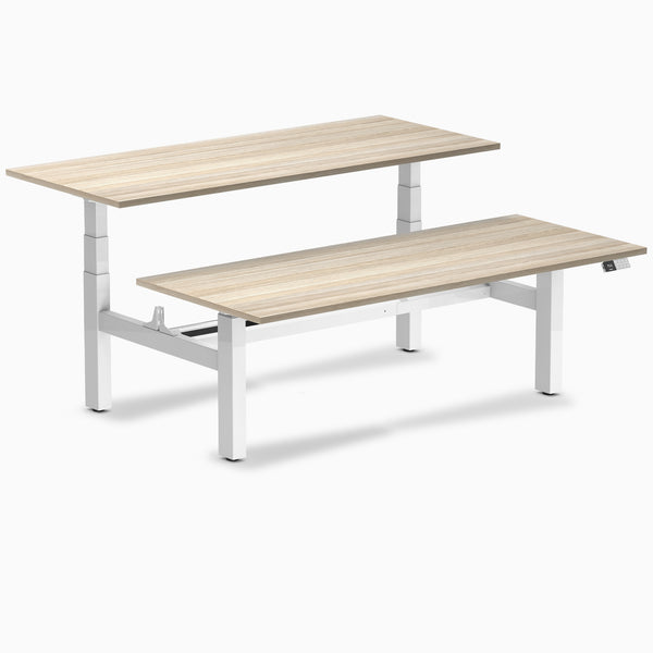 Desky Back to Back Melamine Sit Stand Workstation, Classic Oak desktop, White frame