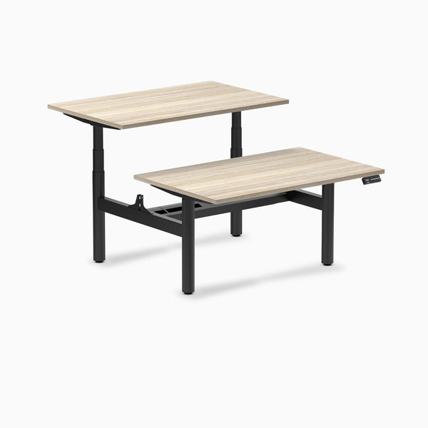 Desky Back to Back Round Leg Melamine Sit Stand Workstation, Classic Oak desktop, Matte Black frame