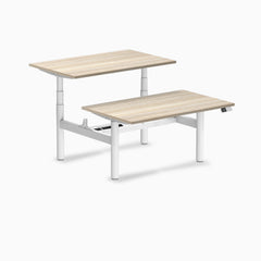 Desky Back to Back Round Leg Melamine Sit Stand Workstation, Classic Oak desktop, White frame