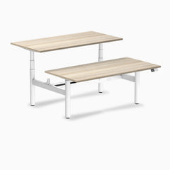 Desky Back to Back Round Leg Melamine Sit Stand Workstation, Classic Oak desktop, White frame