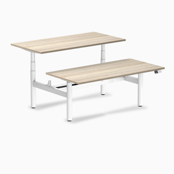Desky Back to Back Round Leg Melamine Sit Stand Workstation, Classic Oak desktop, White frame