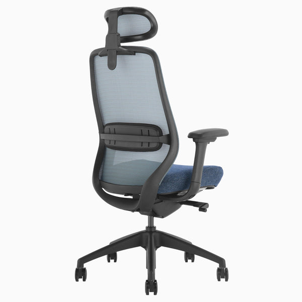 Blue ergonomic chair with headrest and lumbar support - Desky