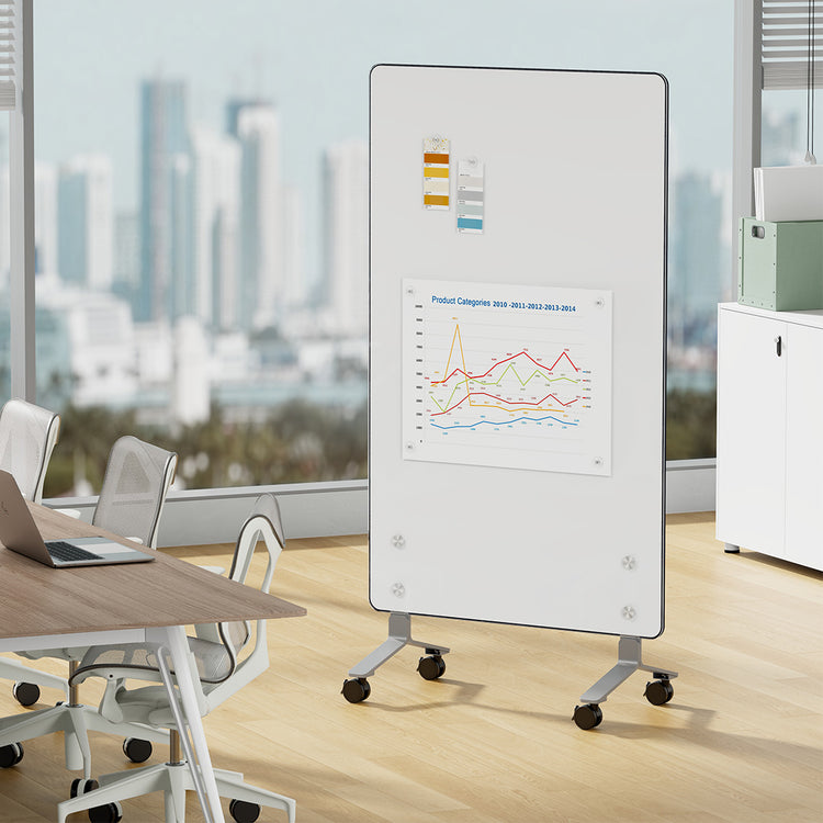 Desky collaborative mobile whiteboard and pinboard in office boardroom