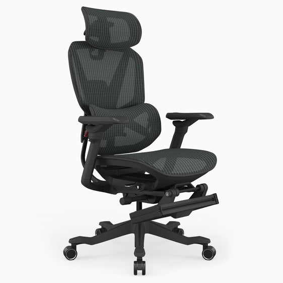 A black ergonomic mesh office chair with a headrest, adjustable armrests, and a five-wheel base, shown on a light gray background.