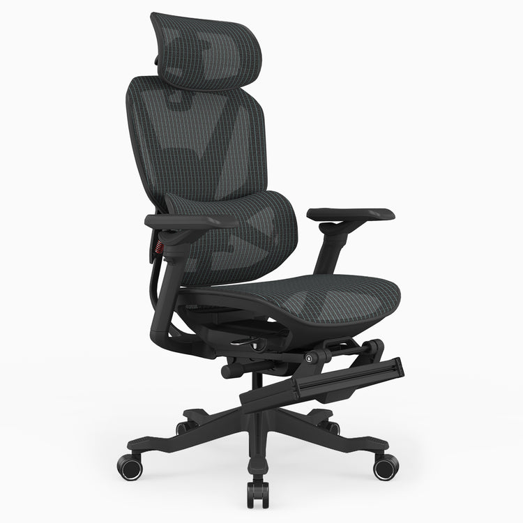 A black ergonomic mesh office chair with a headrest, adjustable armrests, and a five-wheel base, shown on a light gray background.