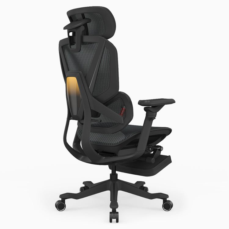 A black ergonomic office chair with a mesh back, adjustable armrests, and a headrest, shown from a three-quarters angle on a light gray background.