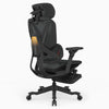 A black ergonomic office chair with a mesh back, adjustable armrests, and a headrest, shown from a three-quarters angle on a light gray background.