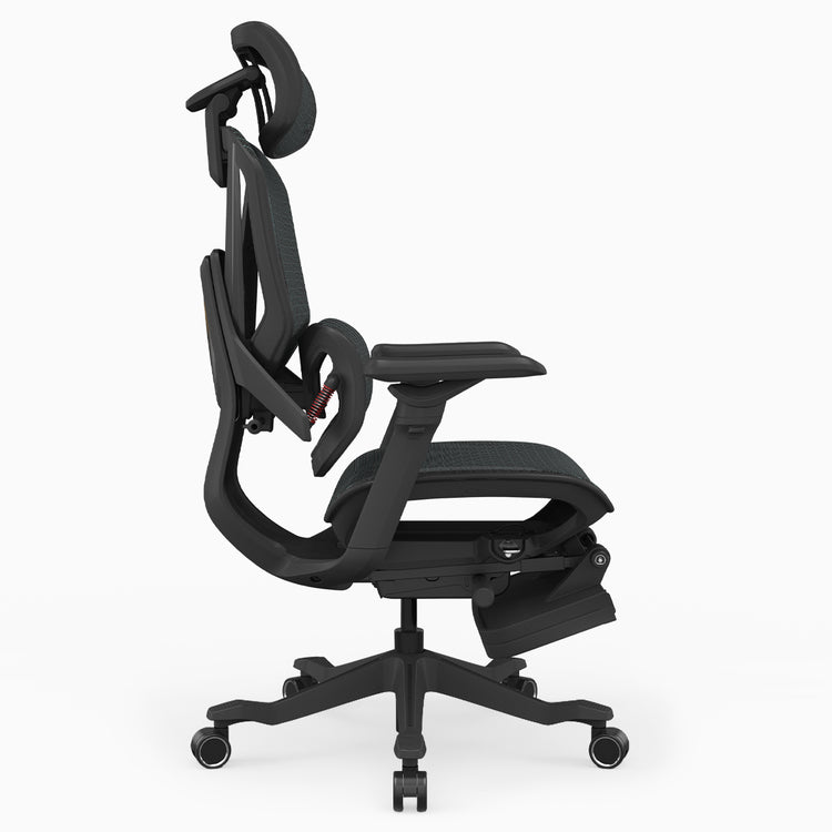 A black ergonomic office chair with an adjustable headrest, padded armrests, a mesh back, and a five-wheel base, shown from a side profile view on a light gray background.