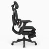 A black ergonomic office chair with an adjustable headrest, padded armrests, a mesh back, and a five-wheel base, shown from a side profile view on a light gray background.